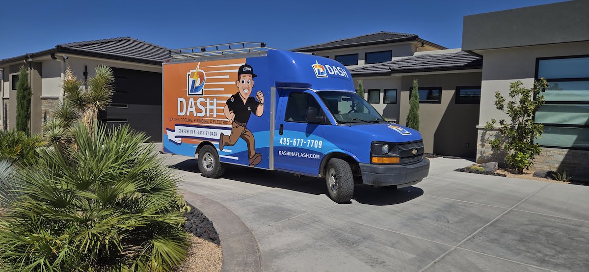 DASH HVAC technician truck parked outside a home during a system installation in St. George, Utah