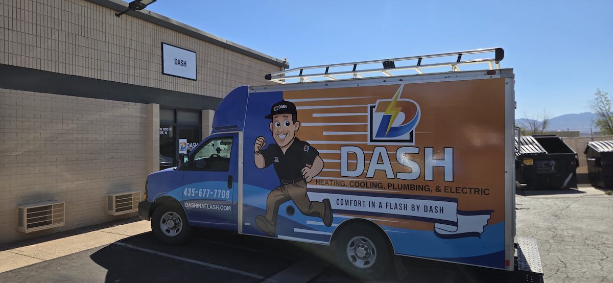 DASH heating, cooling, plumbing, and electric service truck outside the shop serving Southern Utah