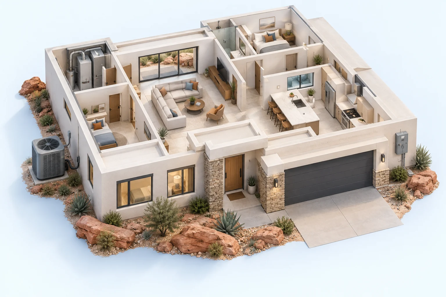 Illustrated cutaway of a desert home showing cooling equipment, heating, plumbing and electrical service areas